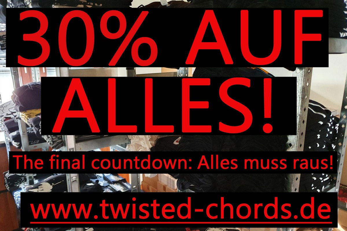 twistedchords's tweet photo. „It`s the final countdown…“ Die große Lagerräumung läuft und jetzt wird es hemmungslos: Ab sofort 30% auf alles im Shop, Vinyl, Shirts, Buttons, Pullis, Buttons, Aufnäher, Tapes, Stoffbeutel, CDs, einfach alles! https://t.co/r0qjpAxlGq https://t.co/zHho5CDPeS