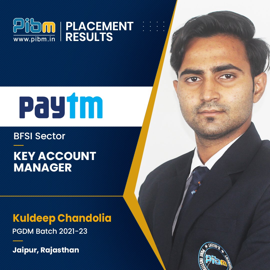PunePIBM's tweet image. We are elated to announce that our student Mr. Kuldeep Chandolia of Batch 2021-23 got successfully placed at @Paytm as a #KeyAccountManager.

#Placed #jobplacement #job #jobpost #jobdone #Paytm #PIBMPune #MastersWithPIBM #mbaplacement #mbajobs #PGDM #pgdmprogram #PIBMPlacements