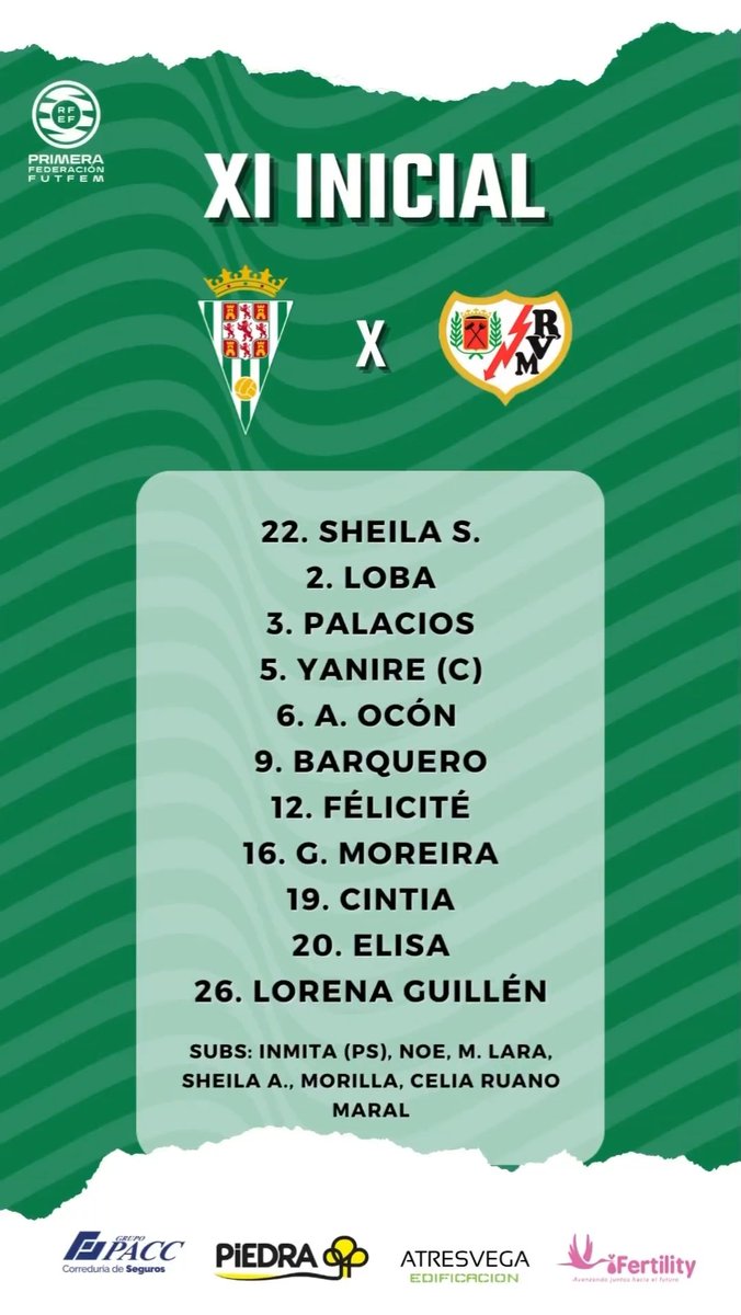 canblanquiverde's tweet photo. 📋 Así sale el @CordobaFemenino al #CCFRayo (12.30h)

📺 Sin TV

#futfem #PrimeraFederaciónfutfem #CCFlive https://t.co/k8dznjbTX9