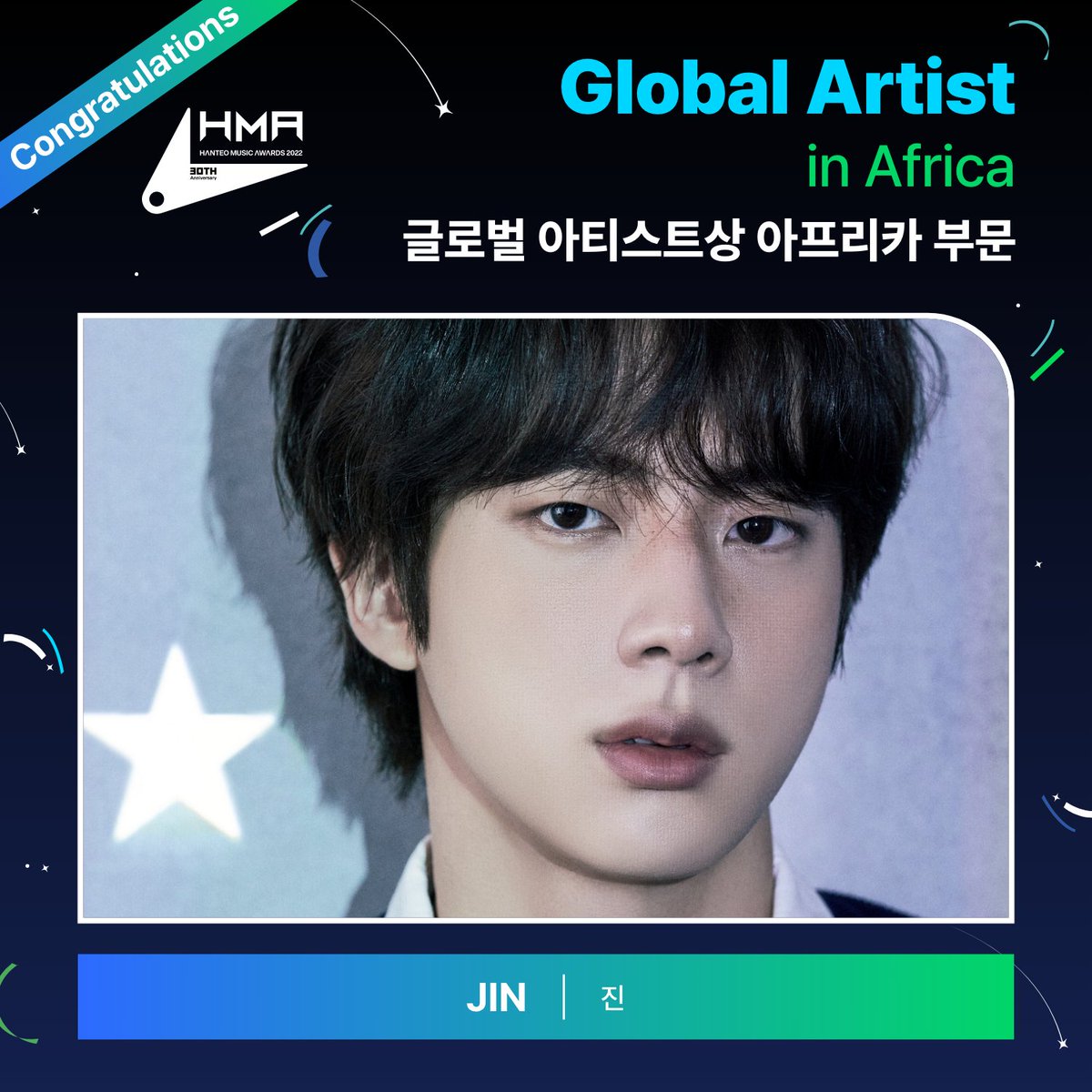 Hanteo_HMAs's tweet photo. #HMAs 30주년 한터뮤직어워즈 2022

🏆글로벌 아티스트상 아프리카 부문
Global Artist in Africa #JIN

수상을 축하드립니다

#한터뮤직어워즈
#30th_HMAs_2022
#HanteoMusicAwards
@bts_bighit https://t.co/6hxOCST7oM