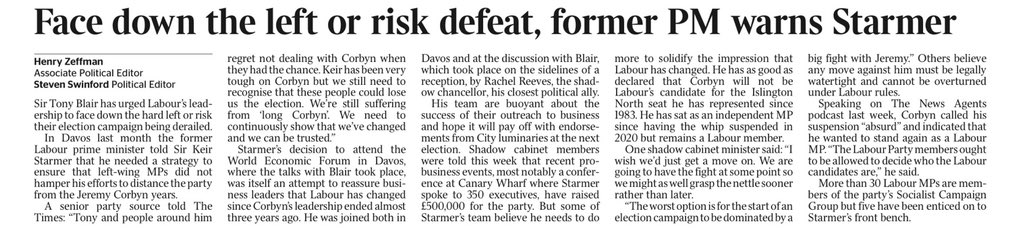 Tony Blair is right here on Sir Keir: ✅ has no strategy to take on the Hard Left ✅ Starmer’s Labour suffering from “Long Corbyn” ✅ unnamed Shadow Cabinet member accuses Starmer of ducking the fight. ✅ 5 MPs from the socialist Campaign Group are on Sir Keir’s front bench.