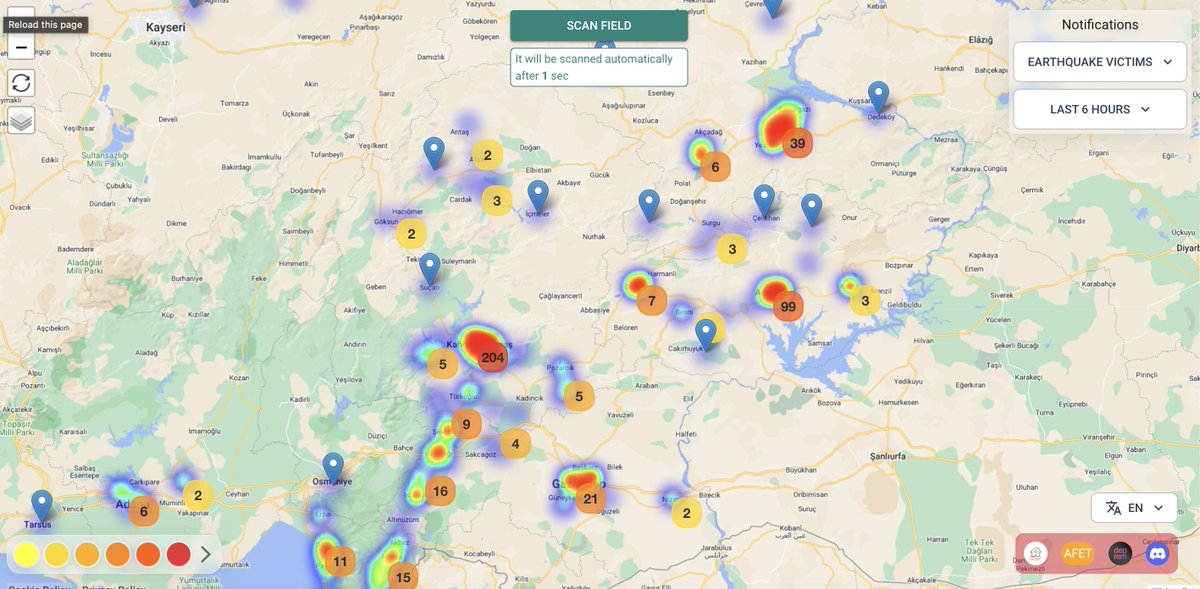 Attığınız her tweet, ihbar, ve mesaj çeşitli kanallardan veri havuzuna akıp machine learning kullanılarak içinden adres ve ihtiyaçlar çekilip bu haritaya yazılıyor. Emeği geçen herkese çok teşekkür ederim, herkes dört gündür çok büyük bir özveriyle uykusuz kalarak çalıştı.