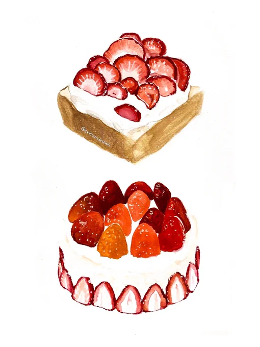 Strawberry Cake &amp; Straweberry Toast Gouache Painting  
