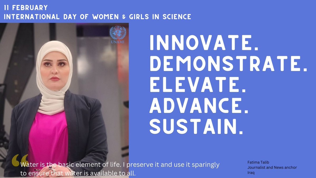 UNIraq's tweet photo. "Water is the basic element of life. I preserve it and use it sparingly to ensure that water is available to all" - Fatima Talib, Journalist and News anchor, #Iraq 
#WomenInScience  #GlobalGoals https://t.co/HQedmfIZ2S
