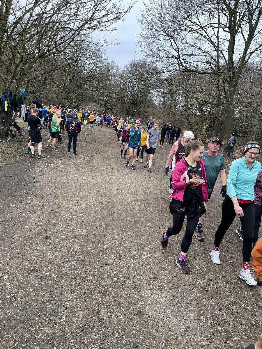 This is the queue to cross the finish line at today’s @wimbdonparkrun! It was run 777 and people came for their Nelson run.