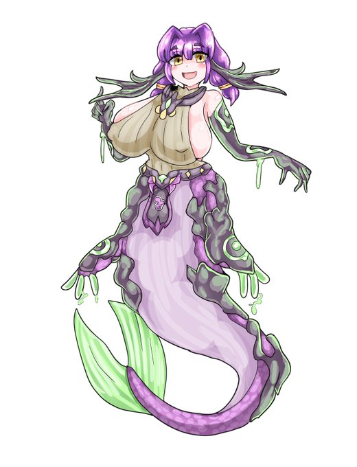 #魔物娘図鑑二次 #monstergirl 
湿地帯の泥沼で生息するマーメイド。胸鰭で立つこともでき、特殊な発情作用のある毒素を分泌して体の潤いを保つ。この毒素は男性の精に反応して効力が強まる。元は大人しい性質の彼女らも、男の魔力に触れれば一匹の魔獣と化す。 