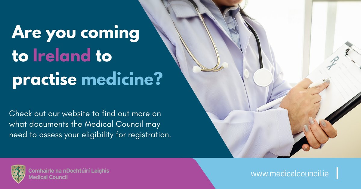 MedCouncilIRL's tweet photo. Are you coming to Ireland to practise medicine? See what documents the Medical Council may ask for in order to assess your eligibility for registration. Read more https://t.co/py3exthtPu https://t.co/61mMu8PASV