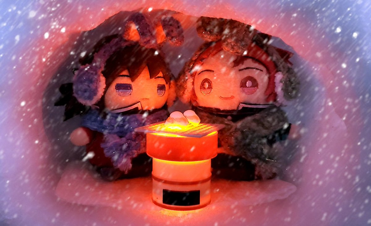 kamado tanjirou multiple boys snowing 2boys snow earmuffs lantern chibi  illustration images