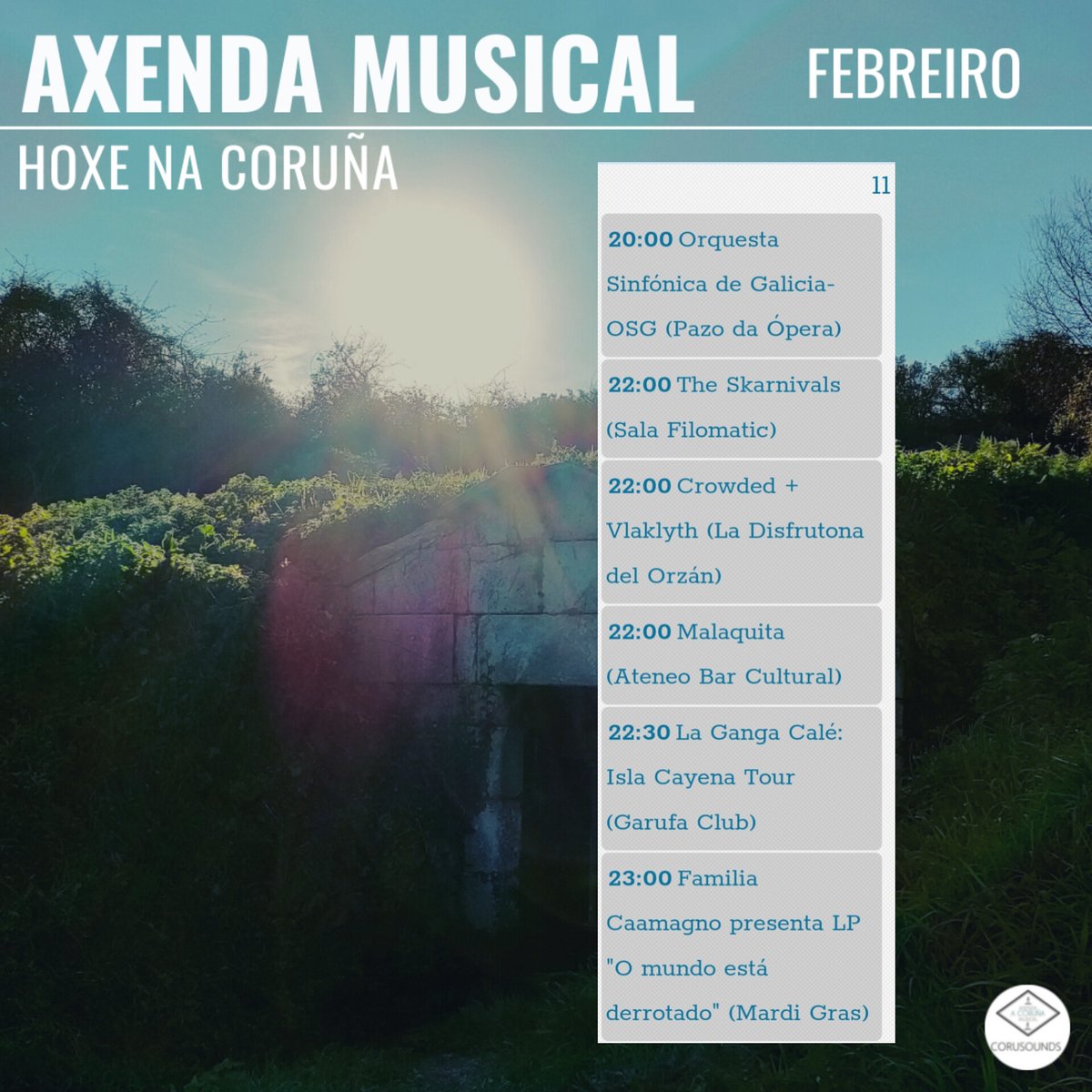Hoxe na Coruña... 
.
.
.
Podes ver todos os concertos programados este ano en: corusounds.emiweb.es/agenda
#ACoruña #Coruña #AxendaMusical #AgendaMusical #Musica #Concertos #Concertos #Cultura #culturaparatodos #CulturaSegura