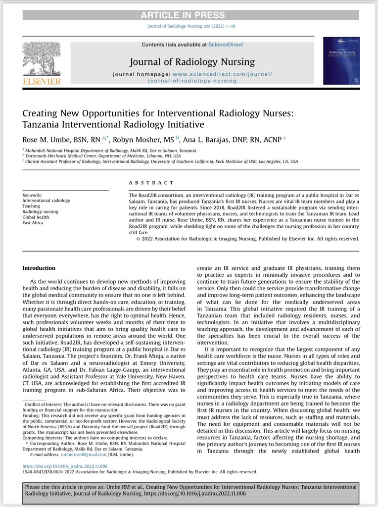 Road2IR's tweet photo. We are incredibly proud of @UmbeRose, our leading #irad nurse in Tanzania. Check out her new article in the Journal of #Radiology #Nursing. Specialized nurses are the backbone of minimally invasive services worldwide!
@arinursing_org @NursingRClub @WHO
https://t.co/vb0nEUAlYN https://t.co/ntPdcGVTbV