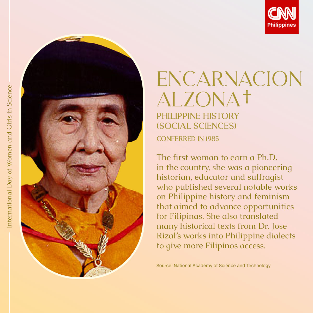newswatchplusph's tweet photo. As we celebrate the International Day of Women and Girls in Science, we recognize eleven national scientists who paved the way for Filipinas to pursue various scientific fields in the country. #WomenInScience https://t.co/v7mxHqkKYV