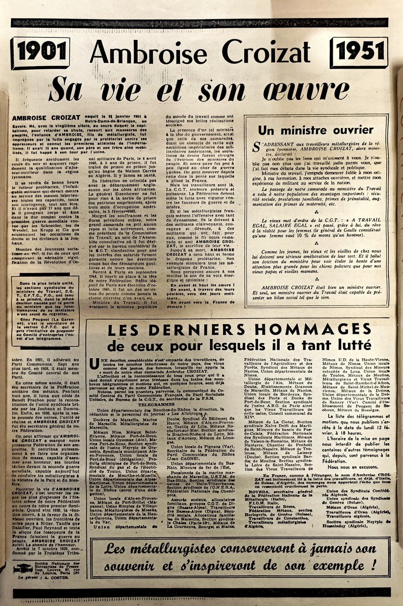 LeoRosell_'s tweet image. Le 11 février 1951 mourait Ambroise Croizat.

Lors de son dernier discours à l'Assemblée il disait : "Jamais nous ne tolérerons que soit renié un seul des avantages de la Sécurité sociale. Nous défendrons à en mourir, et avec la dernière énergie, cette loi humaine et de progrès."