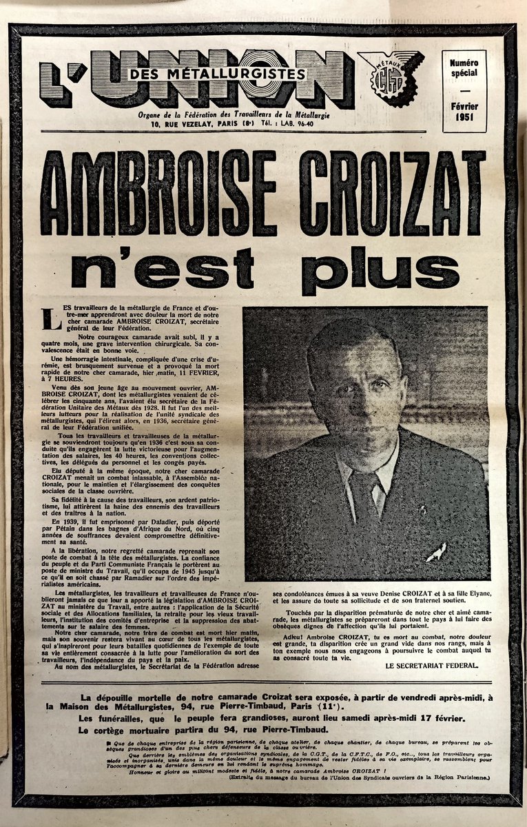 LeoRosell_'s tweet image. Le 11 février 1951 mourait Ambroise Croizat.

Lors de son dernier discours à l'Assemblée il disait : "Jamais nous ne tolérerons que soit renié un seul des avantages de la Sécurité sociale. Nous défendrons à en mourir, et avec la dernière énergie, cette loi humaine et de progrès."