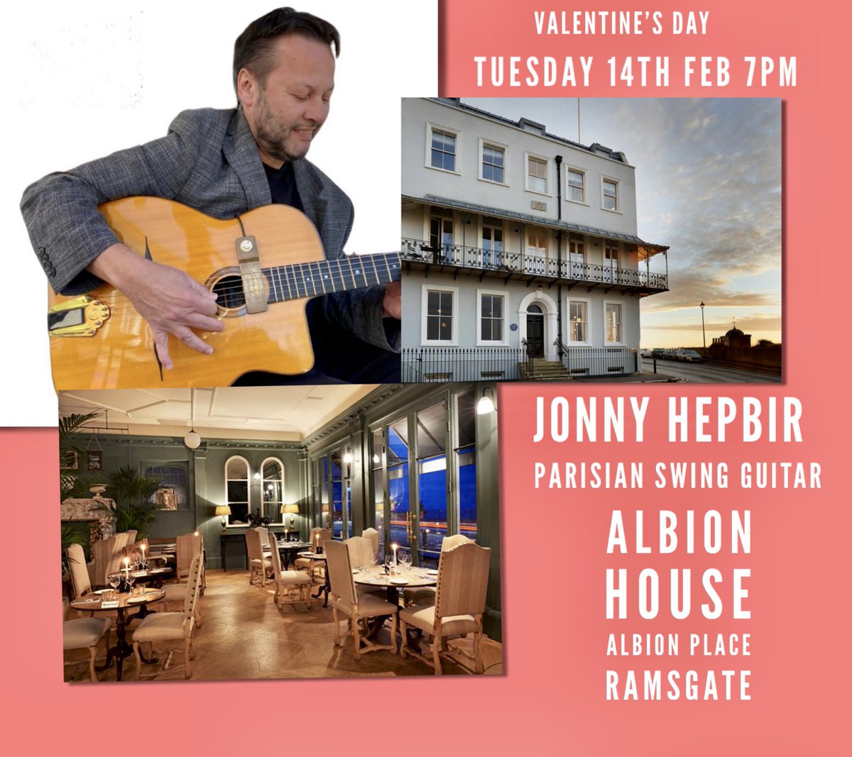 JonnyHepbir's tweet photo. Valentine’s Day special! Tuesday 14th February from 7pm. Come &amp; fine dine with a loved one while I play more romantic ballads than usual at the excellent @albionhh in #Ramsgate #Kent booking recommended 01843 606630 enquiries@albionhouseramsgate.co.uk #ValentinesDay #swingguitar https://t.co/KTsXDzW1tO