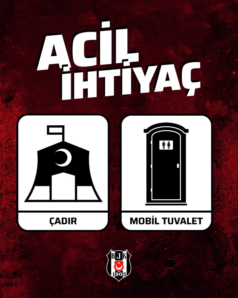 Besiktas's tweet photo. Afet bölgelerine acil olarak çadır ve mobil tuvalet gerekmektedir.

Bu ihtiyaçları toplu bir şekilde gönderebilecek olan vatandaşlarımız @AFADBaskanlik ile iletişim kurarak bölgelere gönderim yapabilir ya da bu malzemeleri Vodafone Park yardım merkezimize ulaştırabilirler. https://t.co/VaOHvXqT4q