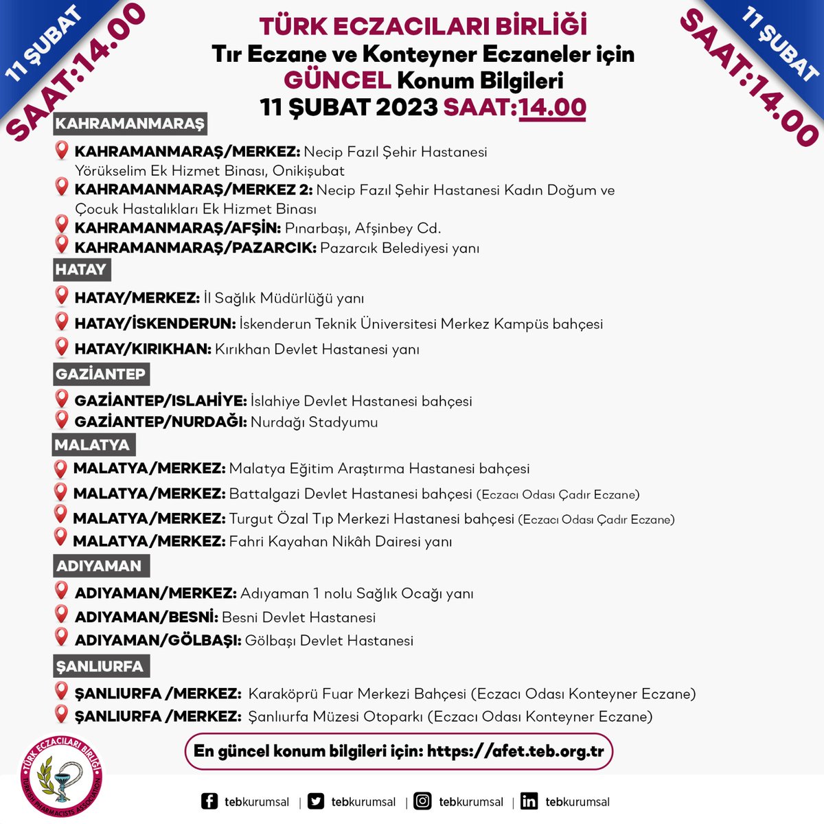 SON GÜNCELLEME:11 Şubat 
SAAT:14.00

Depremzede vatandaşlarımızın ilaç ve tıbbi malzeme temini için,Birliğimizce bölgeye gönderilmiş olan TIR ECZANENİN ve KONTEYNER ECZANELERİN GÜNCEL KONUM bilgileri,halkımızın dikkatine saygılarımızla duyurulur. #deprem 

afet.teb.org.tr/html/afet-ecza…