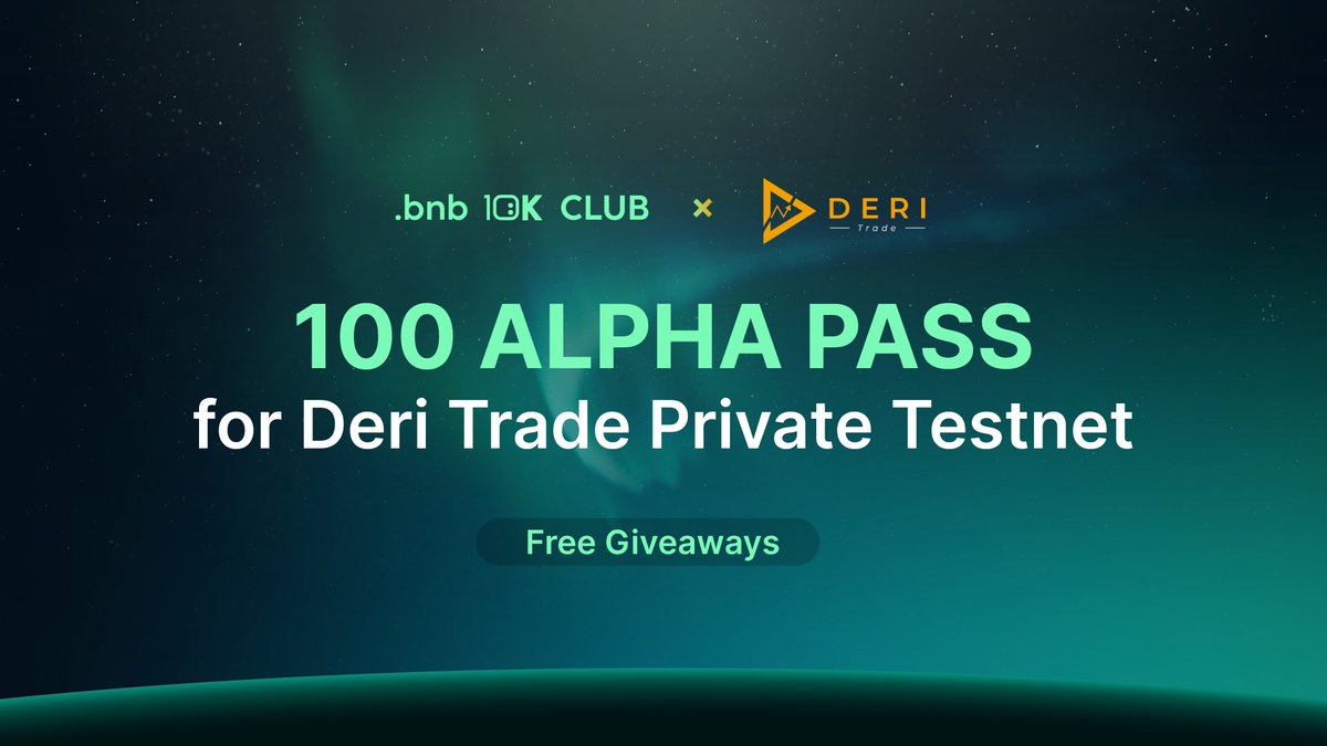 bnb10kClub's tweet photo. Calling 10K Club members! Grab a chance for Deri Trade Private Testnet on 16 Feb 2023

We have reserved 100 ALPHA PASS spots from Deri Trade!

Join the raffle now – it ends in 5 days

70 for 10k club memebr: https://t.co/fz0VchYTEZ

30 for 999 club member: https://t.co/y0GobIP4T1 https://t.co/Ad5bSEKO4Z