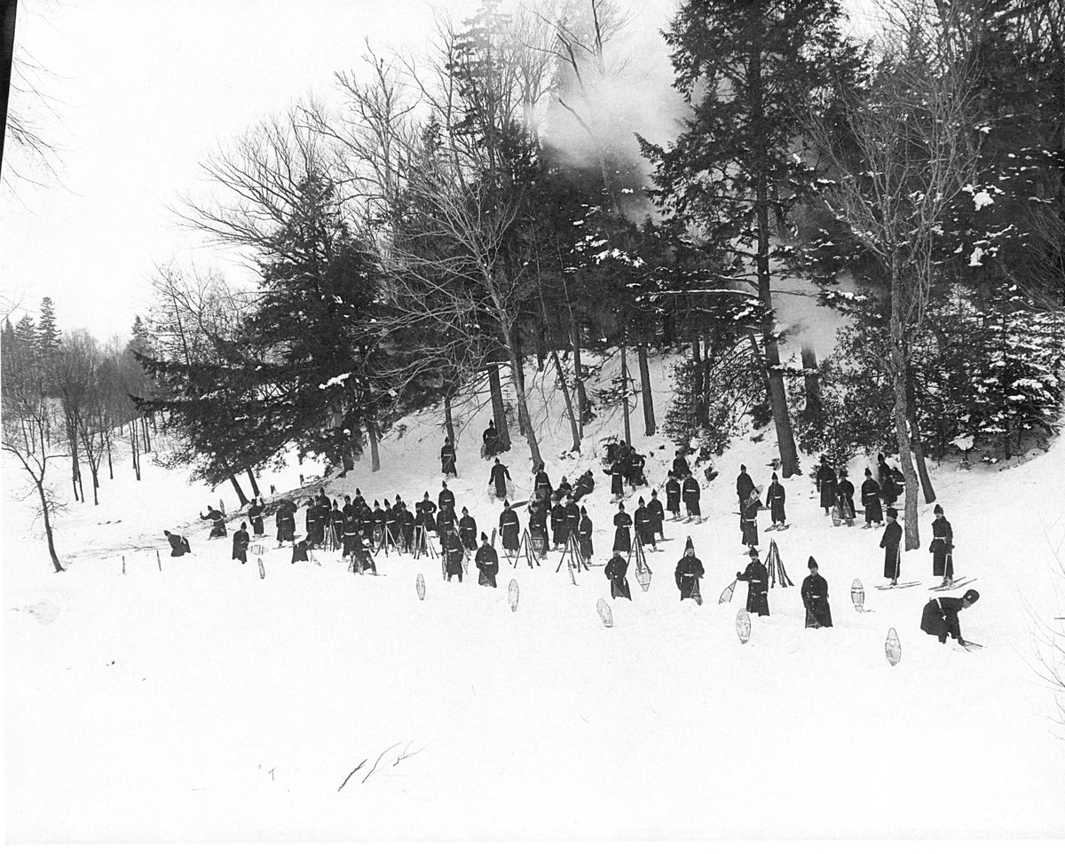 square_save's tweet photo. With the 210th anniv. of the 'March of the 104th' coming up on Thurs, here's a couple photos of The Royal Canadian Regiment on snowshoes.
"Soldiers of No. 4 Depot Royal Canadian Regiment 1 Fredericton at the Hermitage Creek gorge. Col. Maunsel is in charge." PANB P5-171 &amp; P5-382 https://t.co/tz0YisctnQ