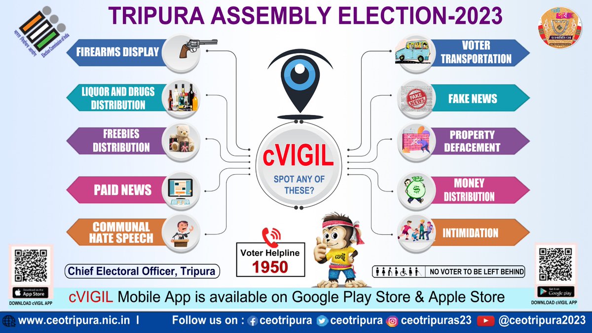 Be a vigilant citizen. The cVIGIL app is a platform launched to allow citizens to report violations of the Model Code of Conduct during #tripuraassemblyelections2023. The Mobile App is available in Play Store and Apple App Store.
#TripuraElection2023 <a href="/ECISVEEP/">Election Commission of India</a> <a href="/ceotripura/">CEO, Tripura</a>