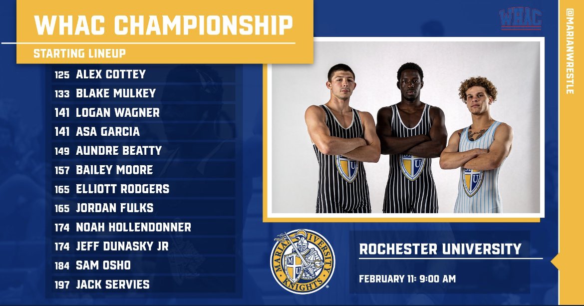 MarianWrestle's tweet photo. Match day! The Knights compete at the conference tournament at Rochester University today, as they look to punch their tickets to nationals. https://t.co/UmzvCPyEJ9