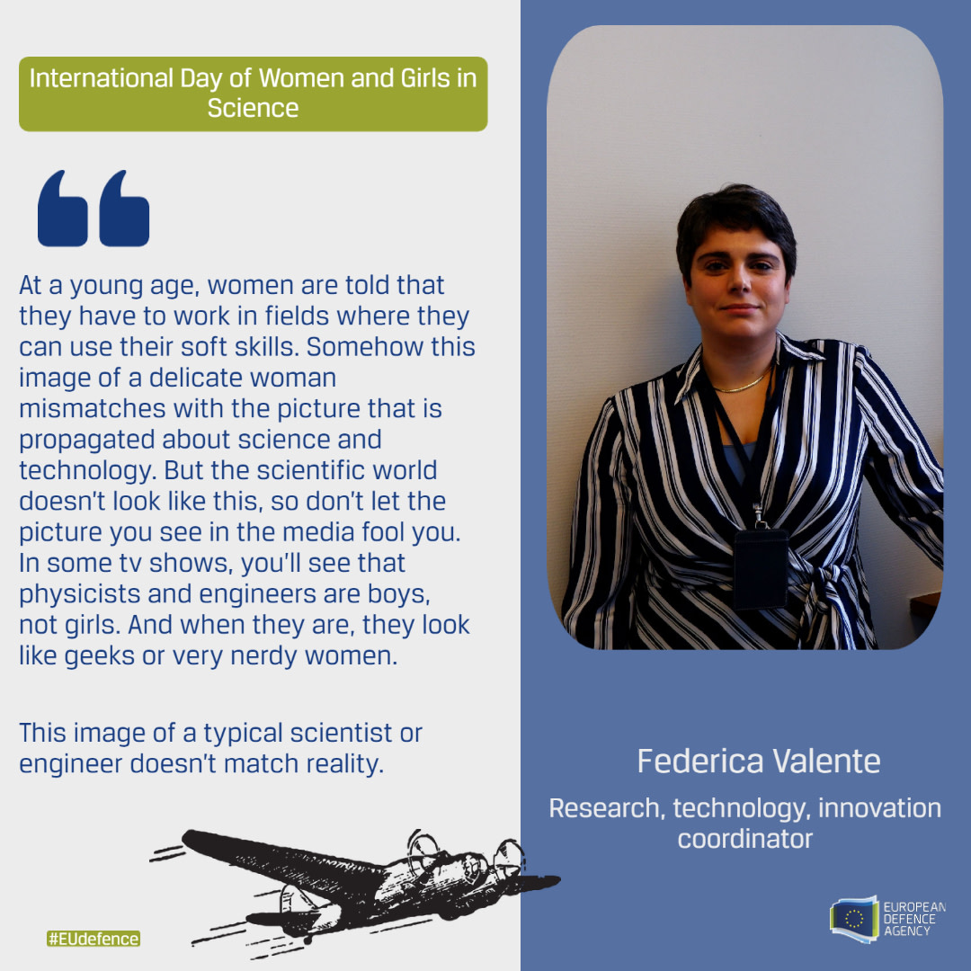 EUDefenceAgency's tweet photo. #WomenInScienceDay | Today EDA is celebrating #WomenInSTEM by spotlighting talented colleagues who lead innovation and by sharing their opinions on how to break gender barriers in #Science 👩‍🔬💪

#WomenInScience2023 #womeninscience #STEM #IDWGIS #Innovation #EUdefence https://t.co/mKd1GhehlL