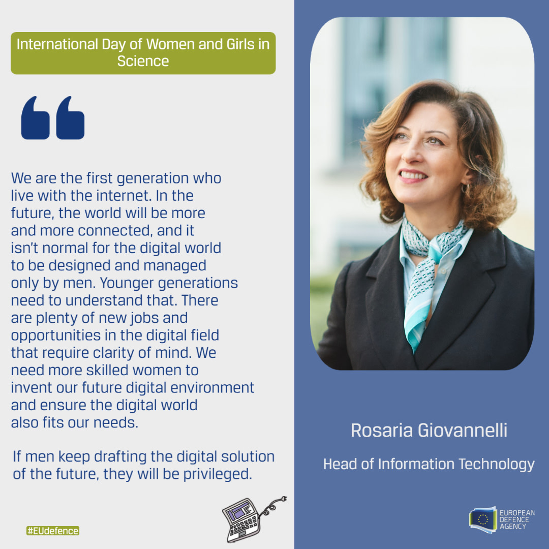 EUDefenceAgency's tweet photo. #WomenInScienceDay | Today EDA is celebrating #WomenInSTEM by spotlighting talented colleagues who lead innovation and by sharing their opinions on how to break gender barriers in #Science 👩‍🔬💪

#WomenInScience2023 #womeninscience #STEM #IDWGIS #Innovation #EUdefence https://t.co/mKd1GhehlL