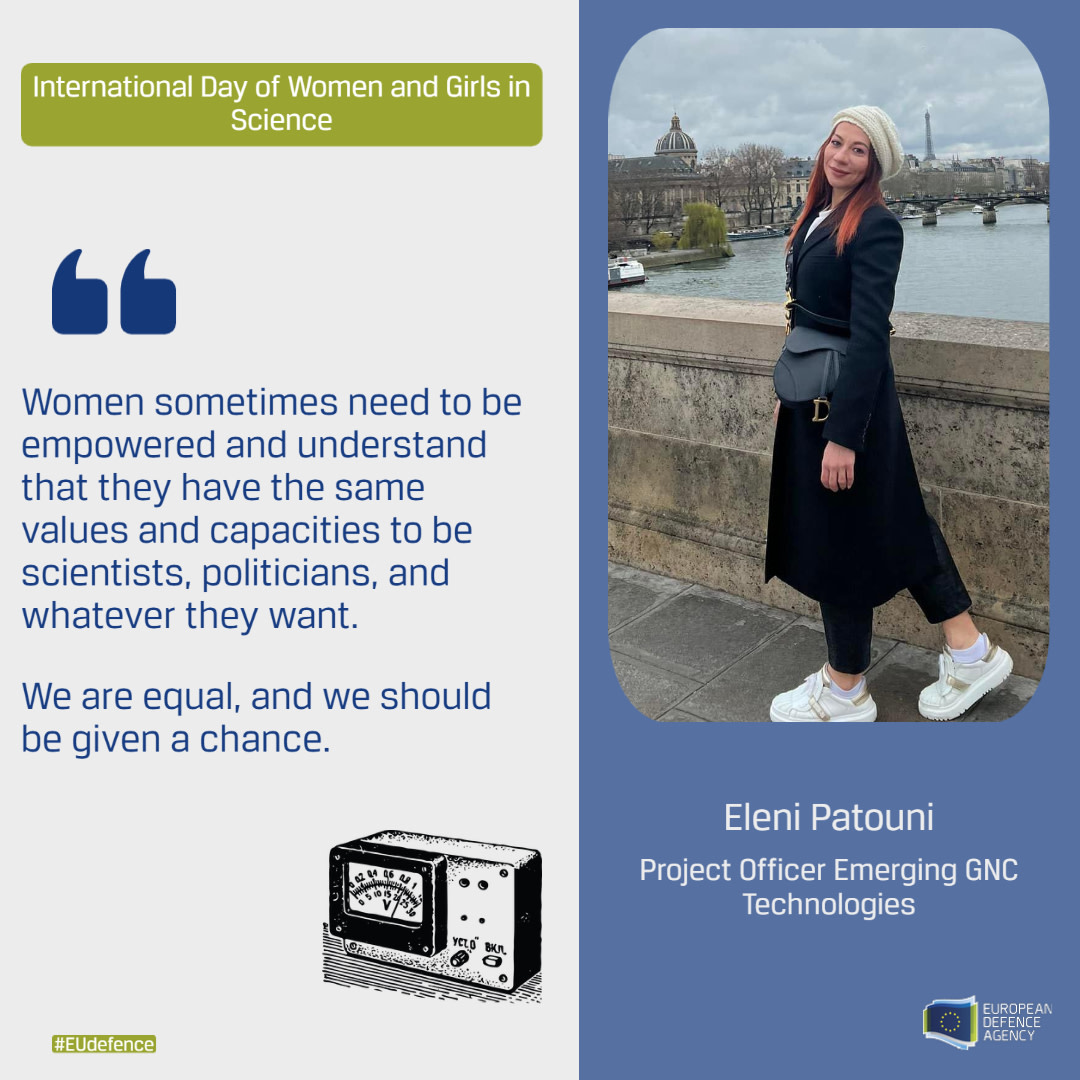 EUDefenceAgency's tweet photo. #WomenInScienceDay | Today EDA is celebrating #WomenInSTEM by spotlighting talented colleagues who lead innovation and by sharing their opinions on how to break gender barriers in #Science 👩‍🔬💪

#WomenInScience2023 #womeninscience #STEM #IDWGIS #Innovation #EUdefence https://t.co/mKd1GhehlL