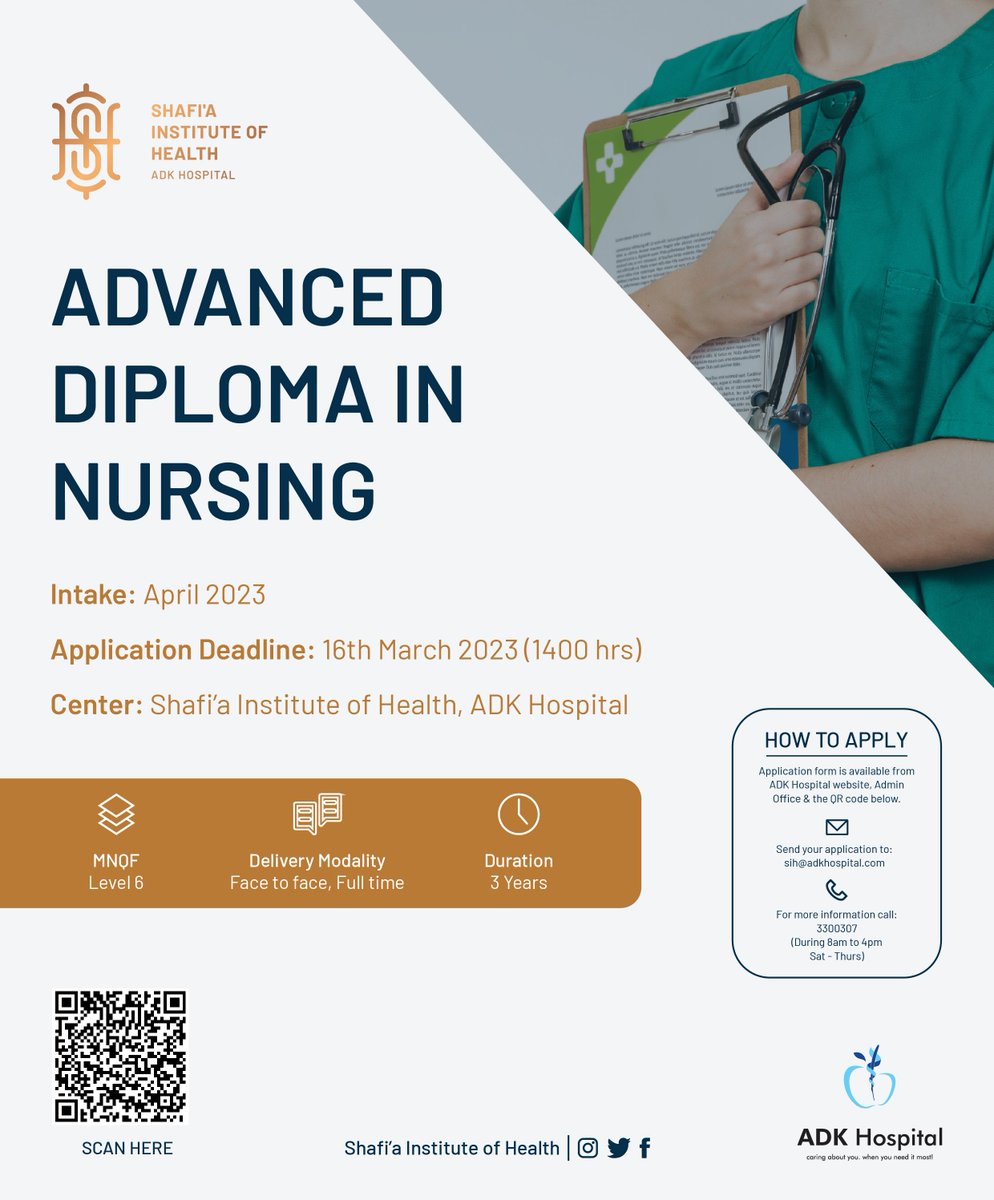 Intake now open for Advanced Diploma in Nursing. 
Shafi'a Institute of Health - @ADKHospital

For more information click here: adkhospital.mv/en/page/shafi-…

#ShafiaInstituteofHealth #ADK35