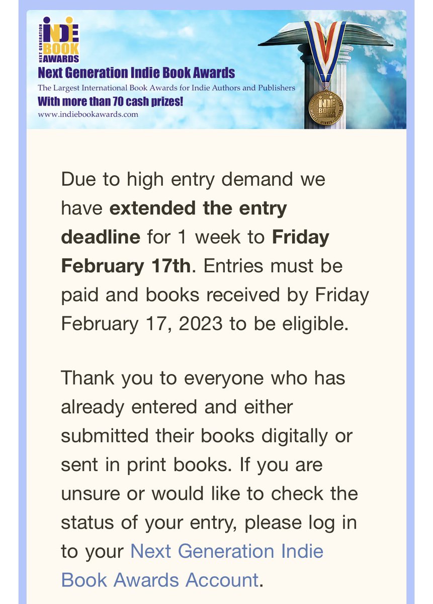 IndieBookAwards's tweet photo. Thank you to everyone who has entered your book! Because of the demand, the deadline has been extended! Enter your book today! https://t.co/9PYCOkX16U https://t.co/wYF6xPPCy9