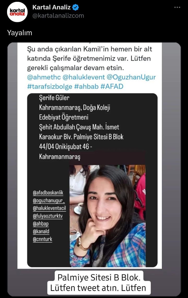 birdilancicek's tweet photo. Şerife Öğretmenimizi kurtaralım lütfen @AFADBaskanlik @ahbap @cnnturk @KanalD @dayagiyedin @Gokhenks @OguzhanUgur @ProfDemirtas https://t.co/7tIg0HFhUE