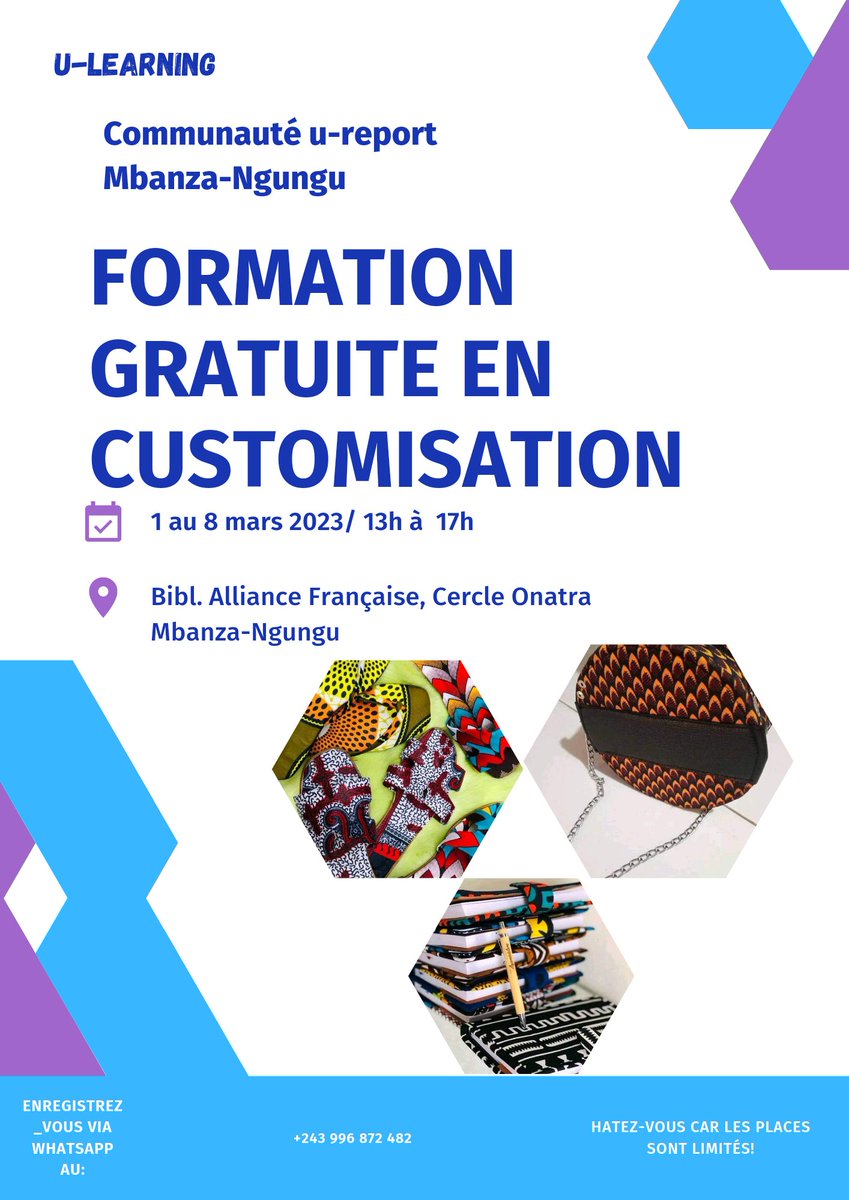 lusala_esther's tweet image. U-learning.
Vous êtes une jeune fille âgée de 16 à 25 ans, résidente à Mbanza-Ngungu et souhaitez apprendre le métier de customisation ( personnalisation des objets en tissu)? Ceci est une opportunité que la Communauté U-Report Mbanza-Ngungu vous offre.
Inscrivez-vous dès now