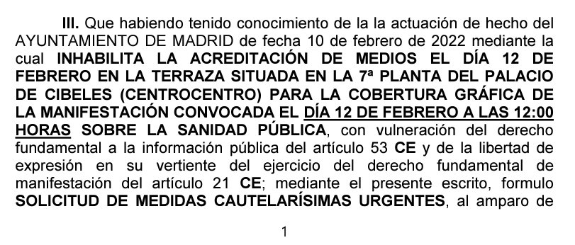 MartaMHigueras's tweet photo. Buenos días, esta misma mañana he presentado en el juzgado una solicitud de medidas cautelares urgentes contra el Ayuntamiento de Madrid por impedir arbitrariamente la libre información y ejercicio del derecho de manifestación en defensa de la sanidad mañana en Cibeles. https://t.co/thJ2iotq6V