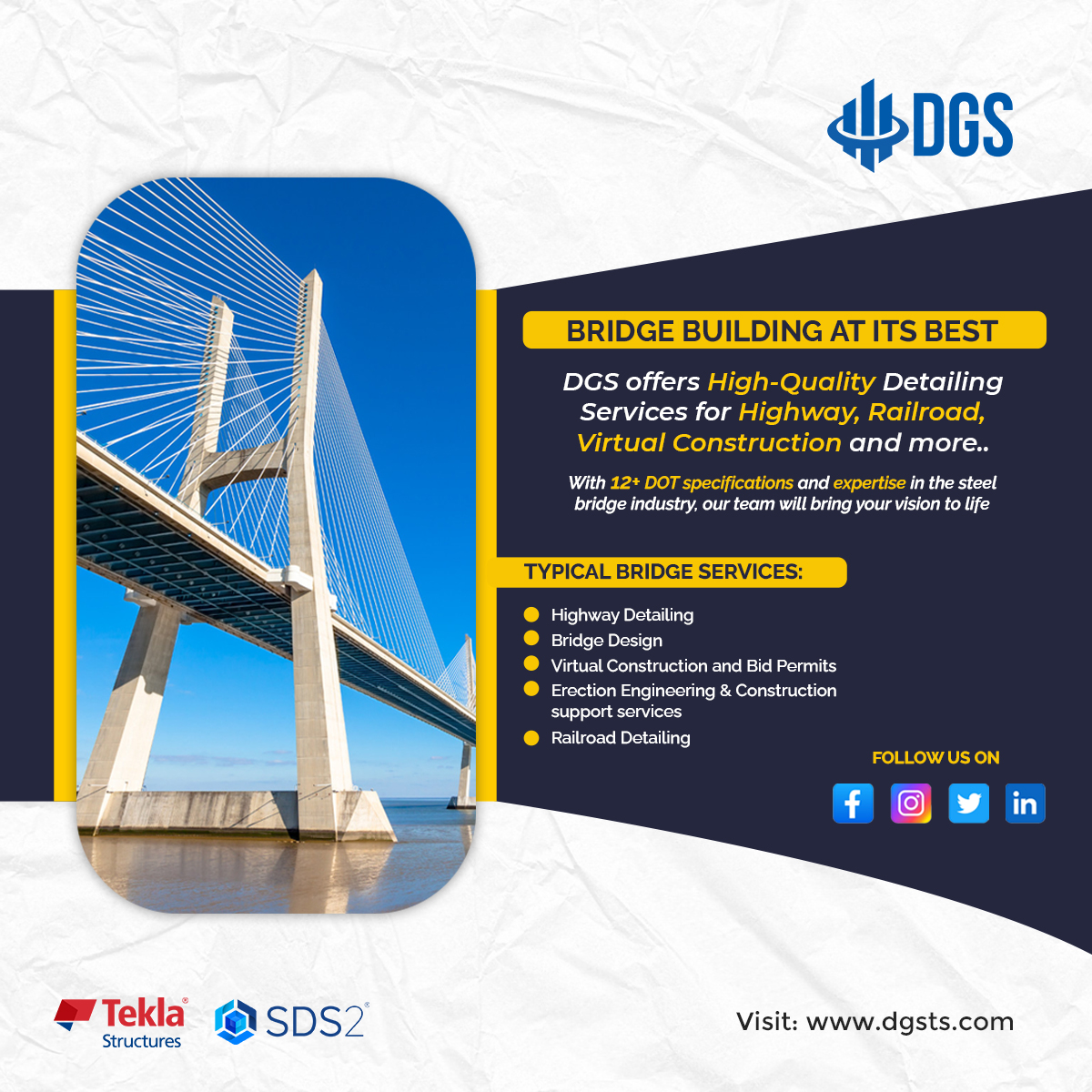 DGSTECHINC's tweet image. Building a bridge can be a daunting task, but with DGS Inc, you can be rest assured that your project is in capable hands! DGS provides detailing services for all types of bridges across the US, Canada and India.
#BridgeModeling #BridgeAnalysis #BridgeDetailing #trussbridges