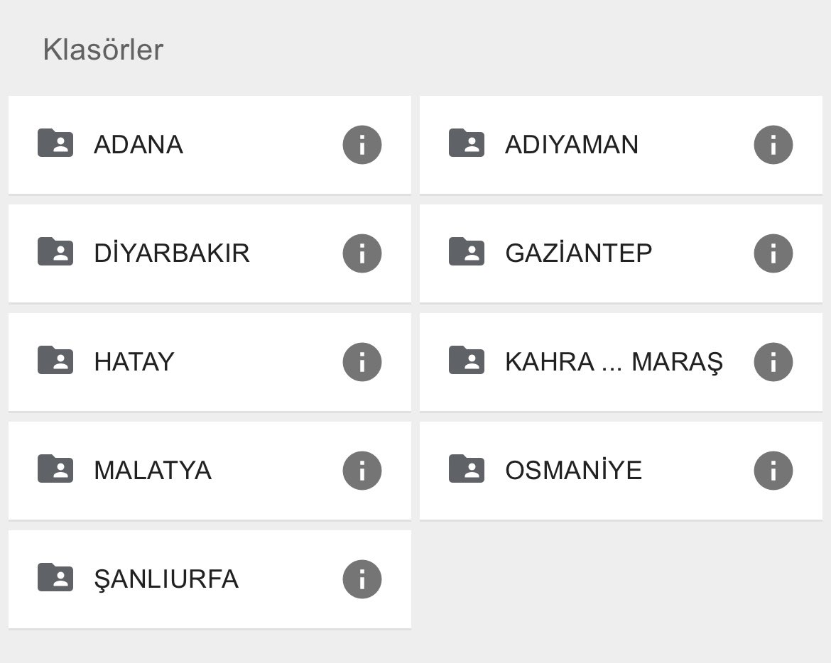 Deprem bölgeleri için önemli noktalar ve gerekli bilgiler: 

drive.google.com/drive/mobile/f…