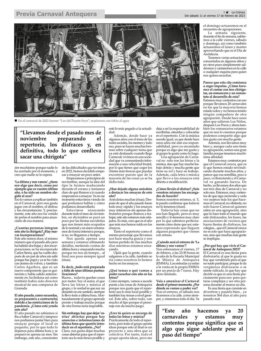 Hoy <a href="/lacronica_atq/">La Crónica Comarca de Antequera</a> dedica sus primeras páginas a las agrupaciones del Carnaval de Antequera. Mil gracias a los medios de comunicación por hacerse eco de nuestras chalaúras, y en especial a Ana Ruiz por la entrevista a nuestro director.

🗞 issuu.com/lacronicacomar…