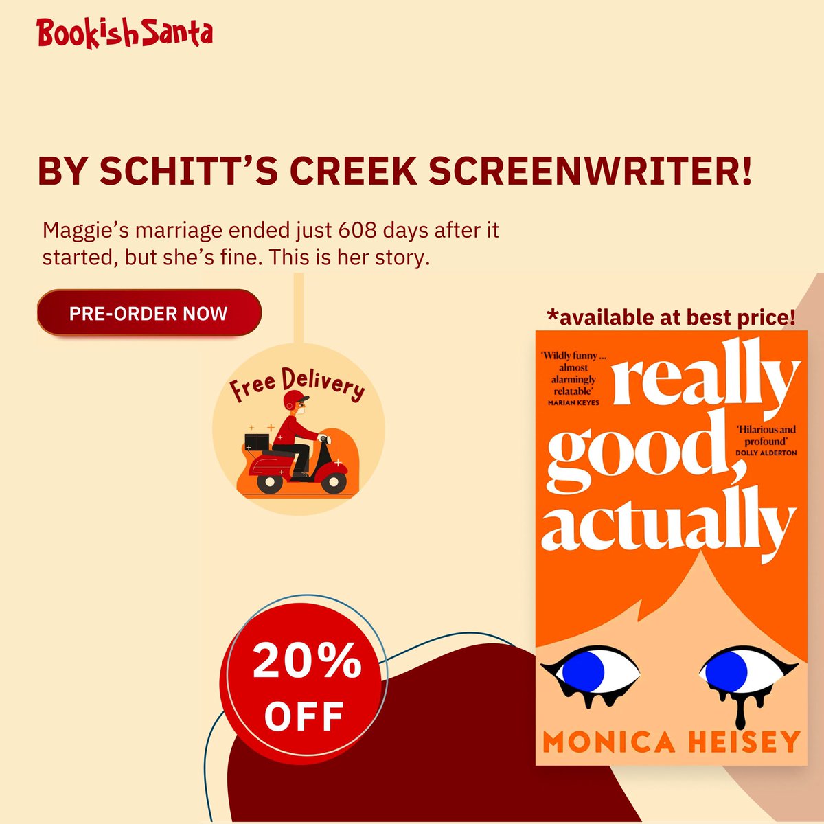 Wait! We have a NEW BOOK + BEST OFFER ALERT! 

#ReallyGoodActually - Most anticipated, hilarious and addictive debut novels of 2023, from Schitt’s Creek and Workin’Moms screenwriter and electric new voice in fiction, Monica Heisey.

Pre-Order today! - bookishsanta.com/products/reall…