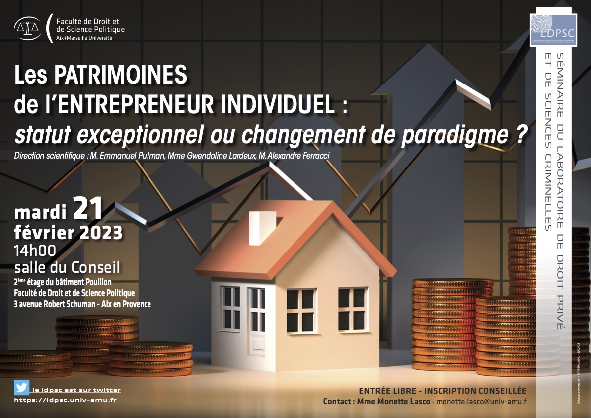 ldpsc_aix's tweet photo. 📢Nouveau séminaire du LDPSC ! "Les patrimoines de l’entrepreneur individuel : statut exceptionnel ou changement de paradigme ?"
📅21 février 2023
🕑14h
📍Salle du Conseil
Infos et programme : https://t.co/l6hCITINsw https://t.co/SSDIOCTdJs