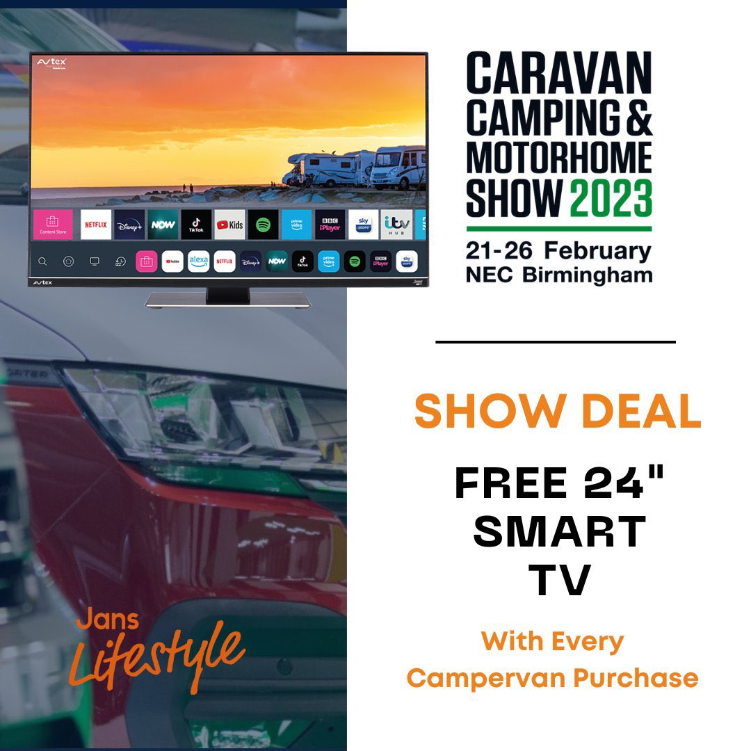 📢  S H O W  D E A L  🚩

We are running special deal at this year’s Motorhome and Caravan Show 2023!

We are giving away a 24” ultra-compact  Avtex smart TV with every VW campervan purchased at the show.

🚌  Visit our stand to see our latest range of VW T6.1 campervans!