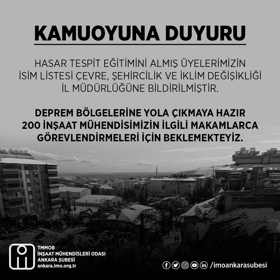 Hasar Tespit Eğitimi alan ve bölgeye gitmeye hazır olan üyelerimizin listesini Çevre, Şehircilik ve İklim Değişikliği Bakanlığına ilettik. 

Bizler hazır olduğumuzu defalarca belirttiğimiz halde bir dönüş alamadık.
<a href="/csbgovtr/">T.C. Çevre, Şehircilik ve İklim Dğş. Bakanlığı</a> <a href="/AFADBaskanlik/">AFAD</a> <a href="/AnkaraValiligi/">T.C. Ankara Valiliği</a>