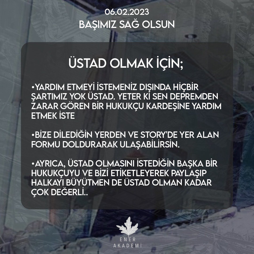 #sırasendeüstad

Depremden zarar gören hukuk öğrencileri ile onlara destek olmak isteyen üstadları bir araya getiriyoruz.. 

Sadece 2023 yılı boyunca en az 500 TL burs verebilecek üstadlarımız burada mı? 🔊

Başvuru için; linktr.ee/enerakademi

Etiketimiz; #SıraSendeÜstad