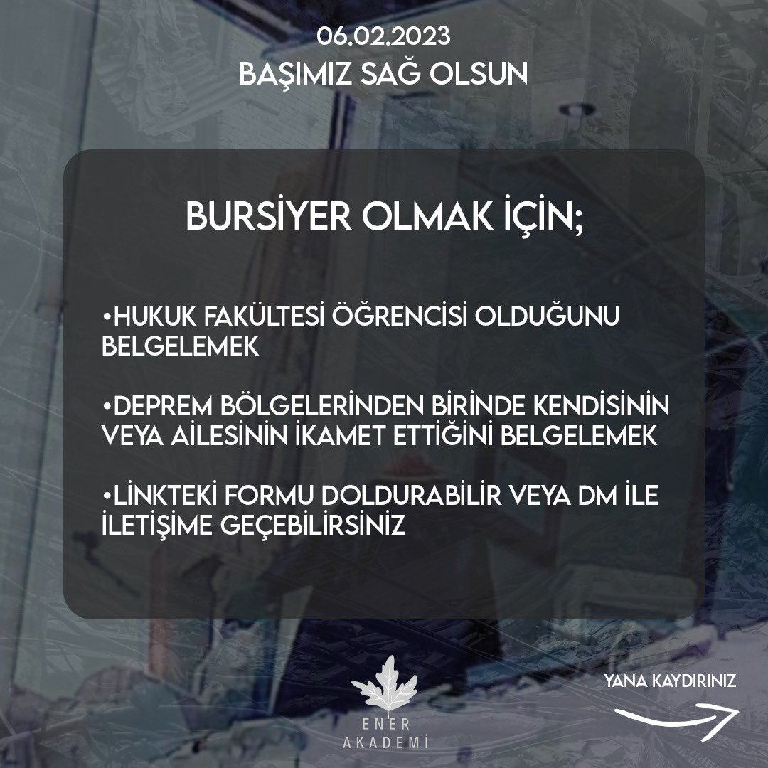 AkademiEner's tweet photo. #sırasendeüstad

Depremden zarar gören hukuk öğrencileri ile onlara destek olmak isteyen üstadları bir araya getiriyoruz.. 

Sadece 2023 yılı boyunca en az 500 TL burs verebilecek üstadlarımız burada mı? 🔊

Başvuru için; https://t.co/Kbvaiqqdej

Etiketimiz; #SıraSendeÜstad https://t.co/ukbB1FcXel