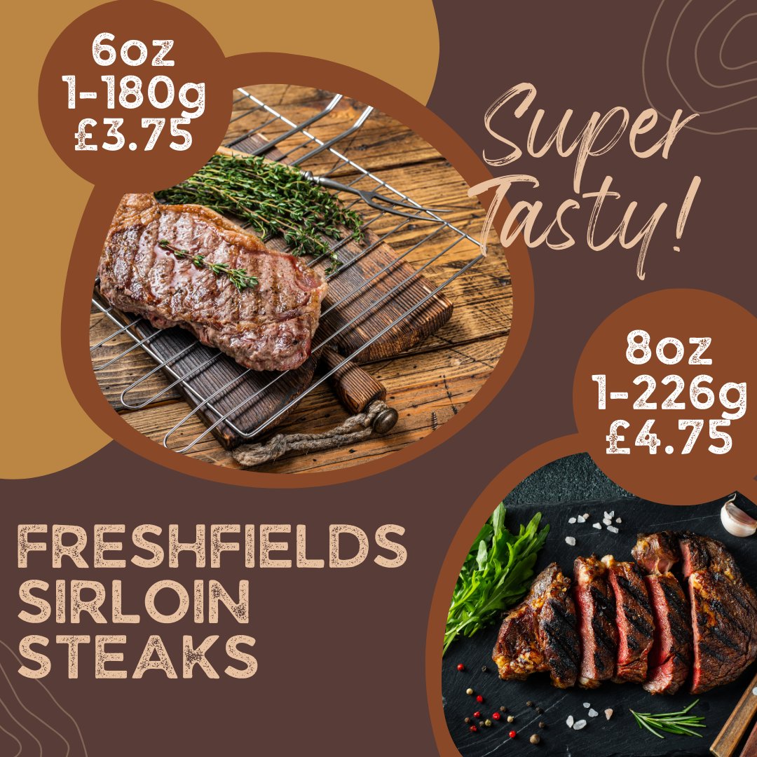 Saturday Night Steak Night!   🥩 We have a variety of Freshfields Steaks on Offer. For more information please contact the sales team on 01449 723399

👉 Freshfields 6oz Sirloin Steak (701105) £3.75
👉 Freshfields 8oz Sirlion Steak (701106) £4.75