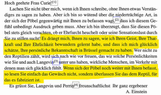 florianaigner's tweet photo. 1911 wurde Marie Curie ein Platz in der Pariser Akademie der Wissenschaften verweigert. Sie war eine Frau, noch dazu unreligiös, und  mit einem verheirateten Mann zusammen. Skandal! Die Presse attackierte sie.
Der Brief, der Einstein daraufhin an Curie schrieb, ist großartig: https://t.co/Ui0eruyHLu