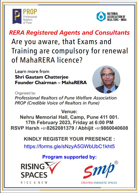 realtors_of's tweet photo. RERA Registered Brokers / Agents / Consultants come to the event to learn about training and exams for MAHARERA. 
Register yourself now.
https://t.co/LaPqGWA6ky

https://t.co/54JMYwDbTc
Follow @professionalrealtorsofpune
.
.
.
.
#prop #propwa #realtors  #realtorsassociation https://t.co/swC2NN7kHn