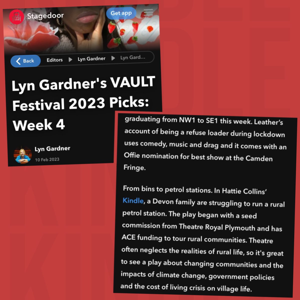 Woooo 3 days to go & Kindle is one of the @VAULTFestival wk 4 shows to catch @lyngardner‘s attention! We’d love our debut in London & #vaultfestival to be a packed one come come come! See our new play straight out of Devon: vaultfestival.com/events/kindle/ 👉 stagedoorapp.com/lyn-gardner/ly…
