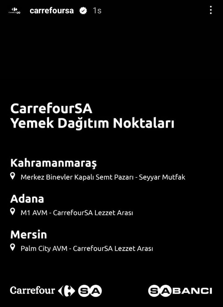 CarrefourSA'nın yemek dağıtım noktaları resmi olarak açıklanmıştır. Lütfen yayalım, ihtiyacı olan herkese ulaşsın 🙏🙏 @brcaltindeprem <a href="/_devrimozkan/">Hdjdsjdj</a> #Kahramanmaras #Adana #Mersin