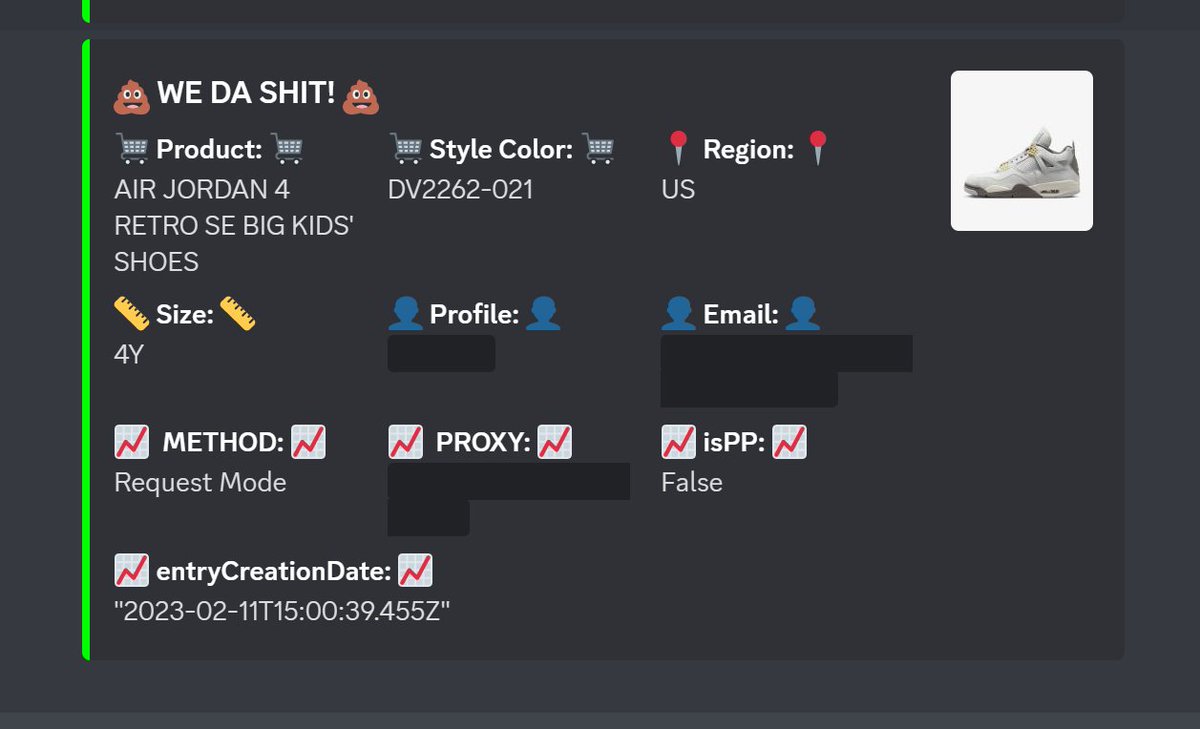 10 lessgooooo 💩💩💩💩
Bot: @The_Shit_Bot
Proxies: @apeproxy
Cookgroup: @SneakerSquadX