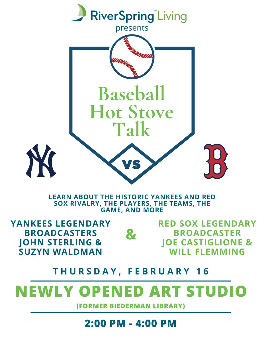 RiverSpringNYC's tweet photo. Join us at the Hebrew Home at Riverdale on Feb. 16 for an afternoon of #baseball! We will be having a Hot Stove Talk with legendary @Yankees broadcasters #JohnSterling and #SuzynWaldman &amp; legendary @RedSox broadcaster #JoeCastiglione and play-by-play broadcaster @WillFlemming! https://t.co/SWNTpxMZXN