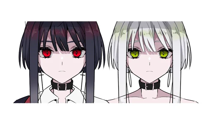 2D・3Dのために正面絵を描こうと思ってラフを描いて放置してから数年たってるんだけど、こうして見ると同じ無表情でも白も黒も目尻や眉の下がり具合が若干違くて可愛い 