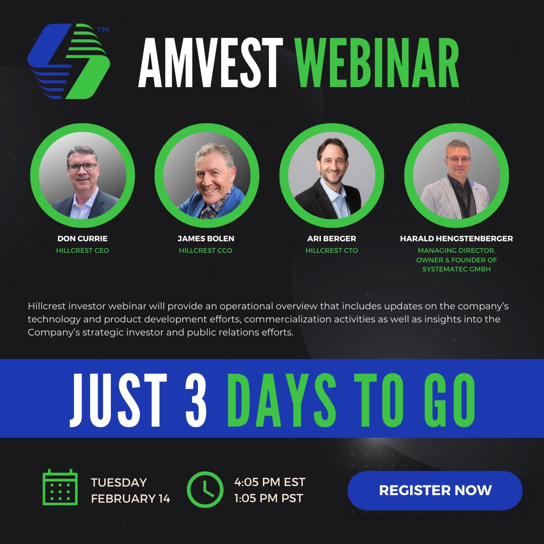 HillcrestEnergy's tweet photo. 3 days until our @AmvestCap webinar! Hillcrest is excited to provide an update for investors. Register here if you haven't already! 
#investors #webinar #electricvehicle #grid #hillcrestenergytech 
https://t.co/jgSD64ZBr8 https://t.co/h3CbqMA6Er